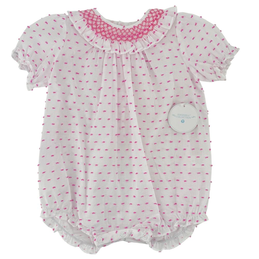Edgehill Collection Baby Girl Smocked Pink Swiss Dot Bubble Romper Size 24M